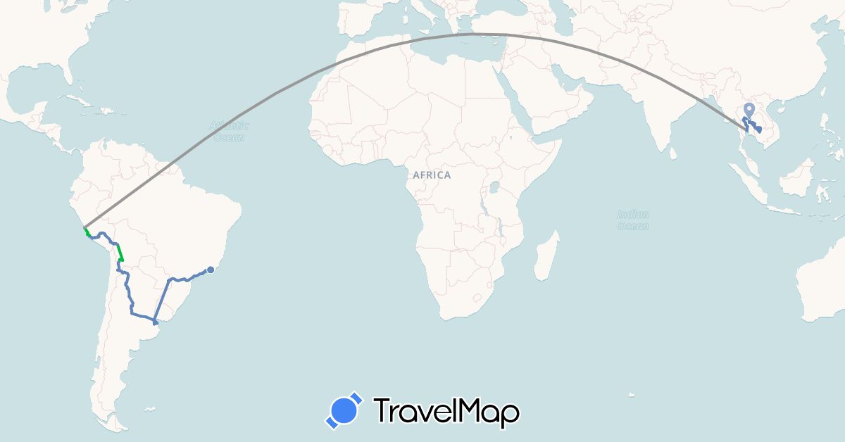 TravelMap itinerary: driving, bus, plane, cycling in Argentina, Bolivia, Brazil, Chile, Cambodia, Peru, Thailand (Asia, South America)